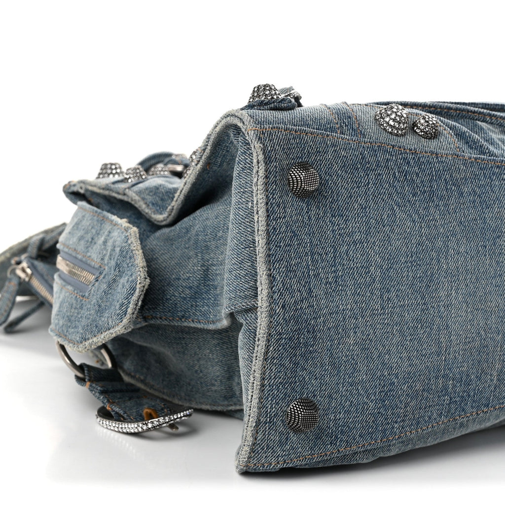 Washed Frayed Denim Crystal Neo Cagole City Handbag Blue