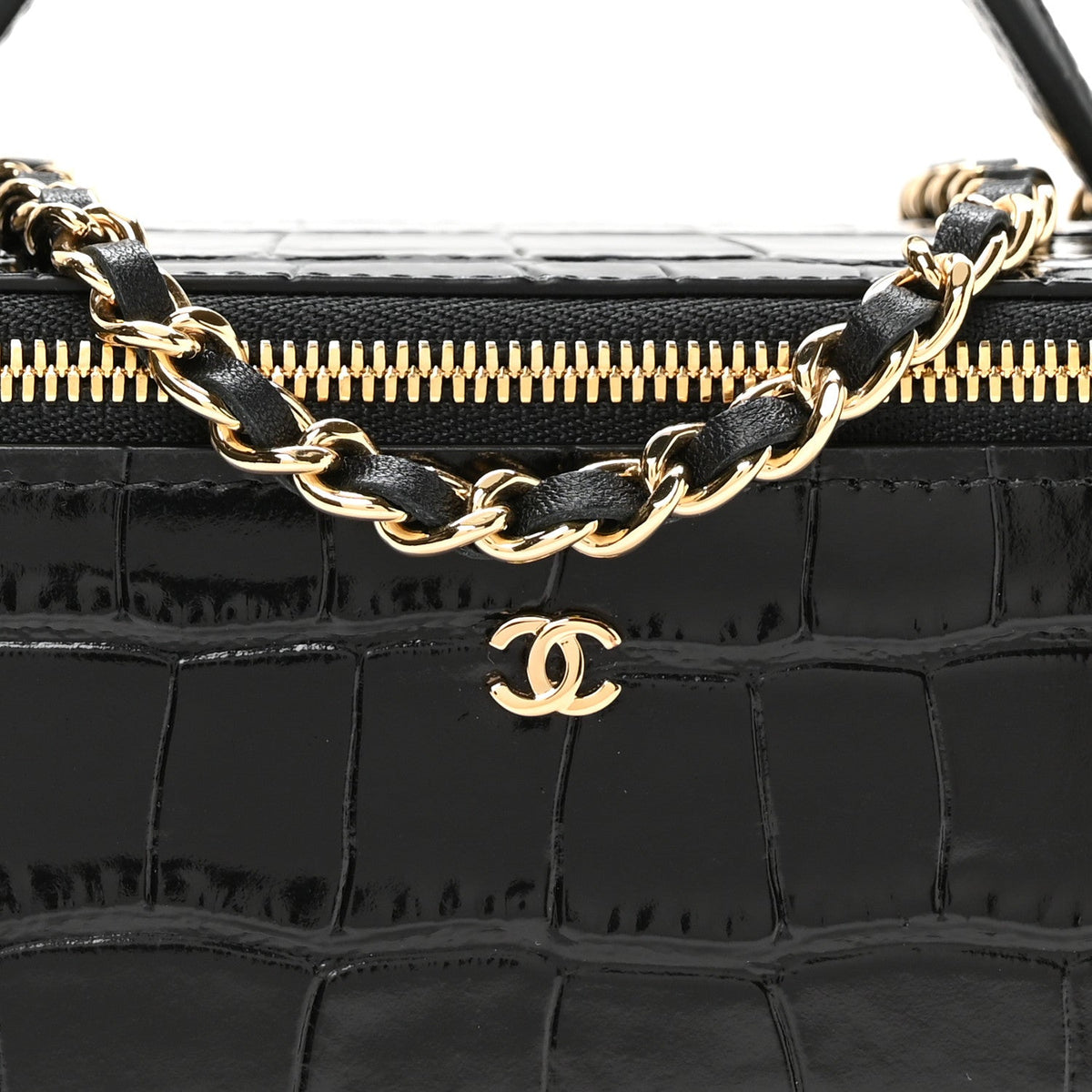 Calfskin Crocodile Embossed Crococo Small Top Handle Vanity Case With Chain Black