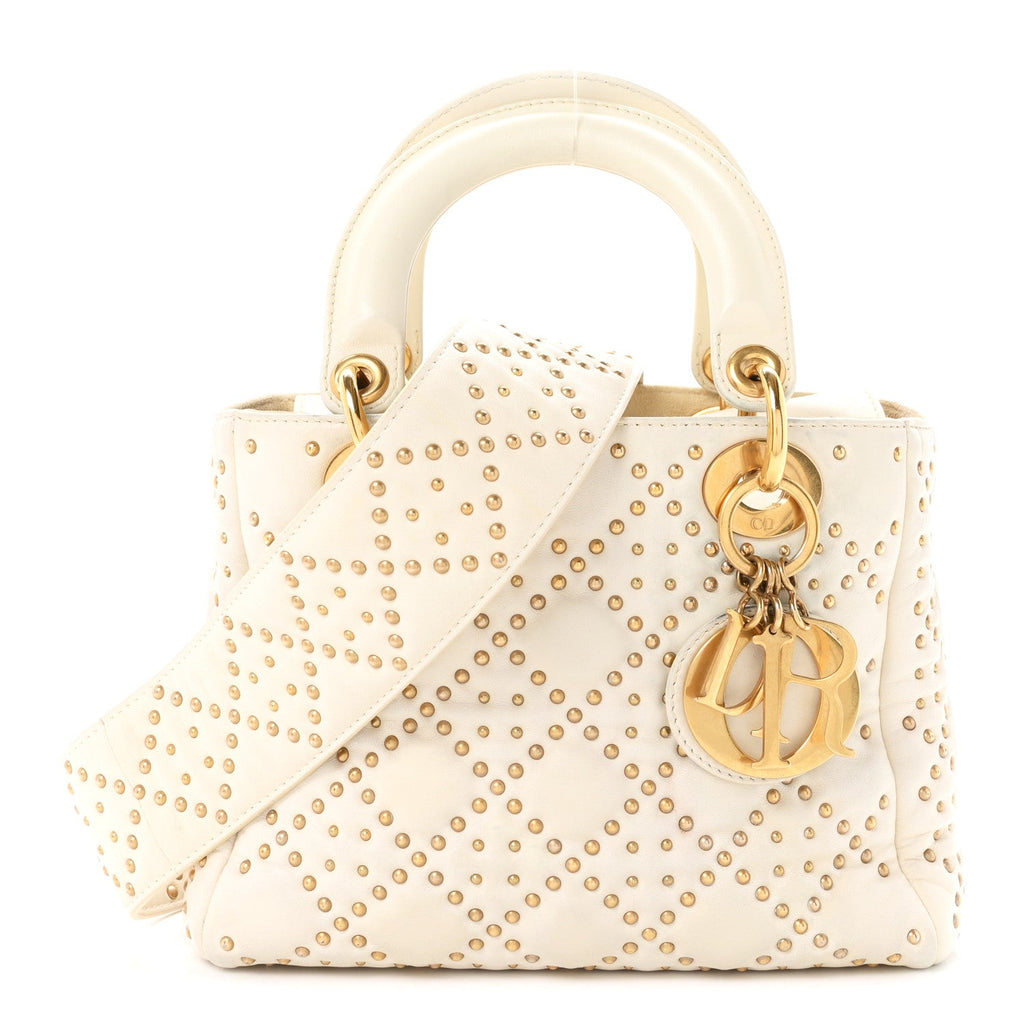 Lambskin Cannage Studded Small Supple Lady Dior White