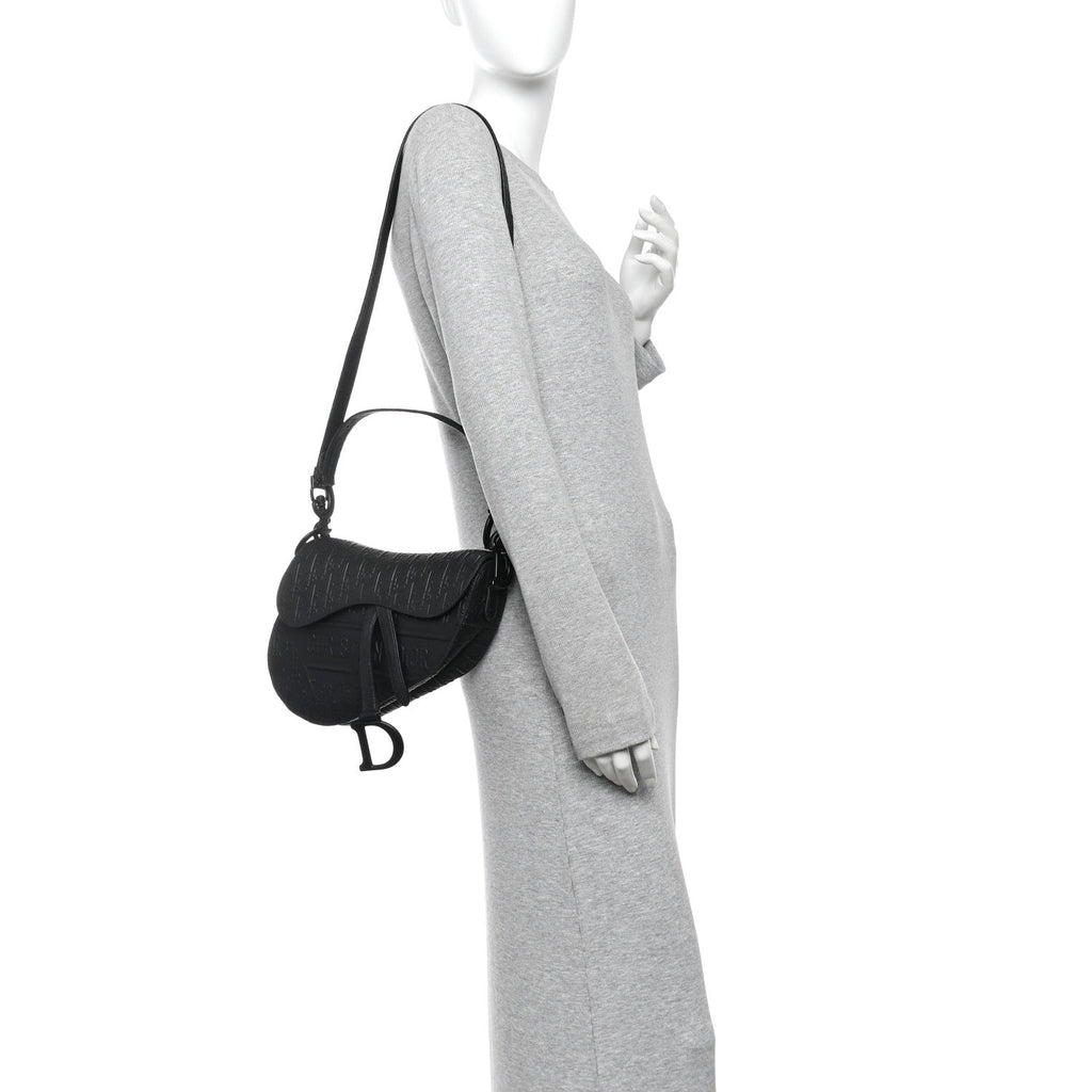 Calfskin Embossed Oblique Saddle Bag With Strap Black