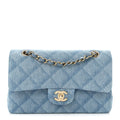 Printed Denim Quilted Small Double Flap Light Blue