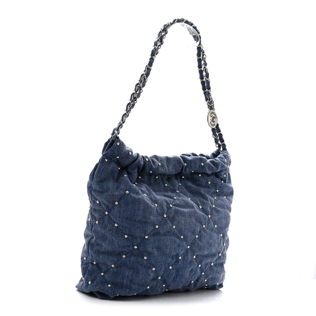 Washed Denim Quilted Studded Small Chanel 22 Blue