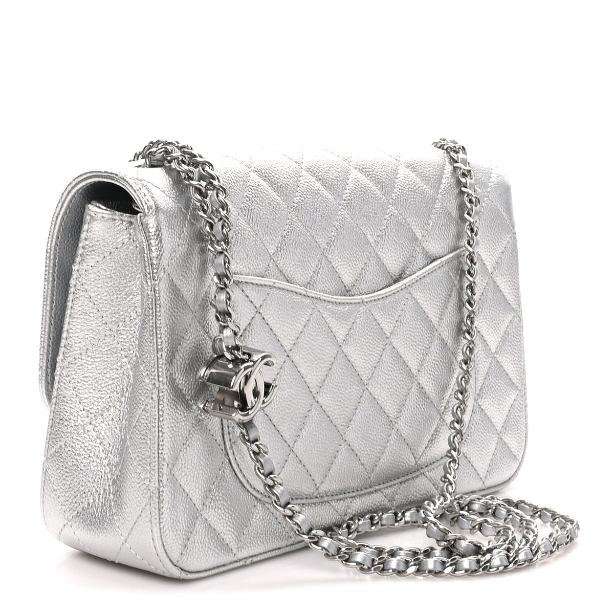 Metallic Caviar Quilted Medium CC Slide Flap Silver