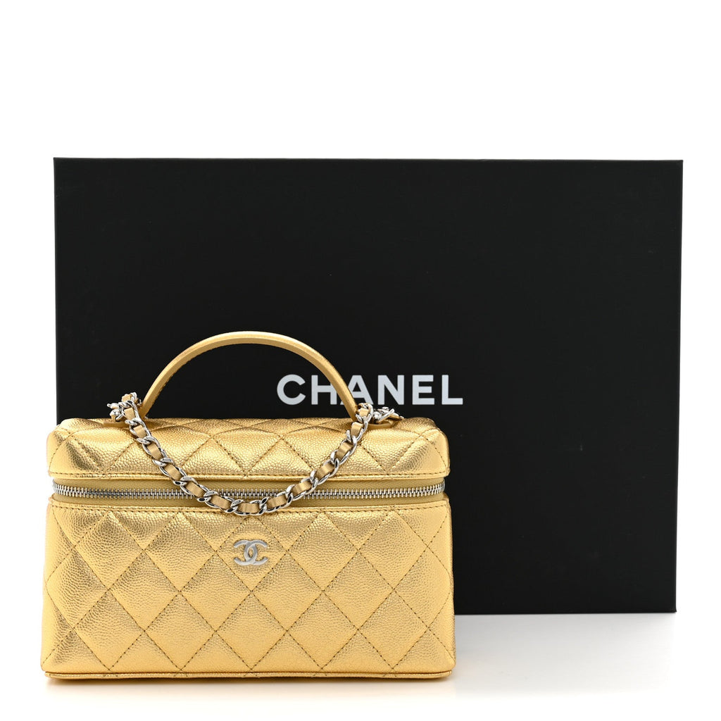 Metallic Caviar Quilted Top Handle Slim Vanity With Chain Gold