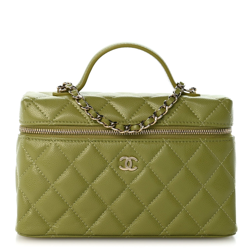 Caviar Quilted Top Handle Slim Vanity With Chain Khaki