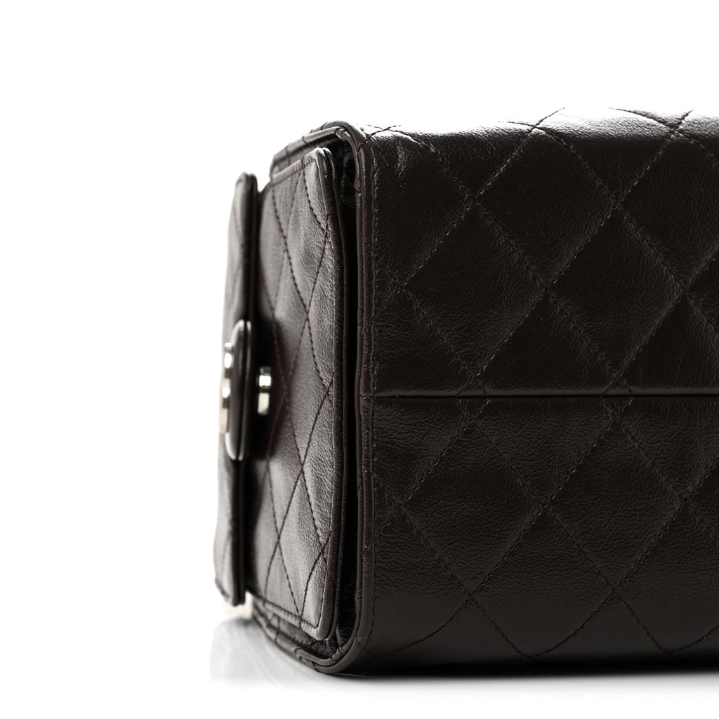 Shiny Crumpled Calfskin Quilted Small Chanel 25 Handbag Dark Brown
