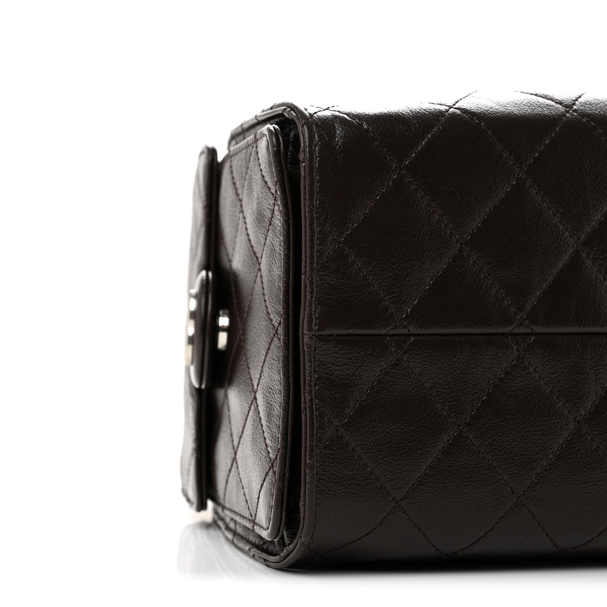 Shiny Crumpled Calfskin Quilted Small Chanel 25 Handbag Dark Brown