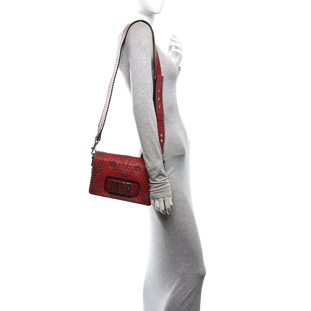 Calfskin Embossed Cannage Studded J'Adior Chain Flap Bag Red