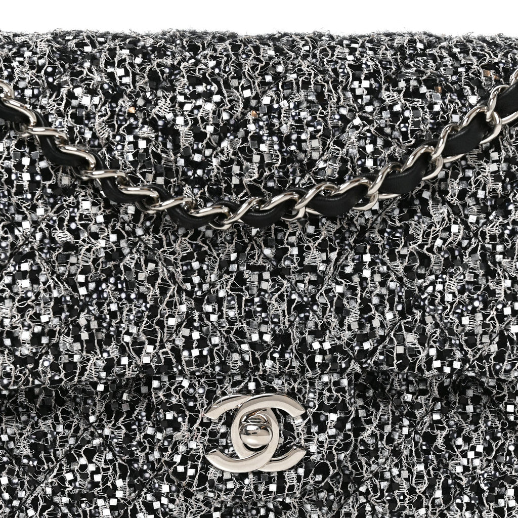 Tweed Sequin Patchwork Medium Double Flap Black White