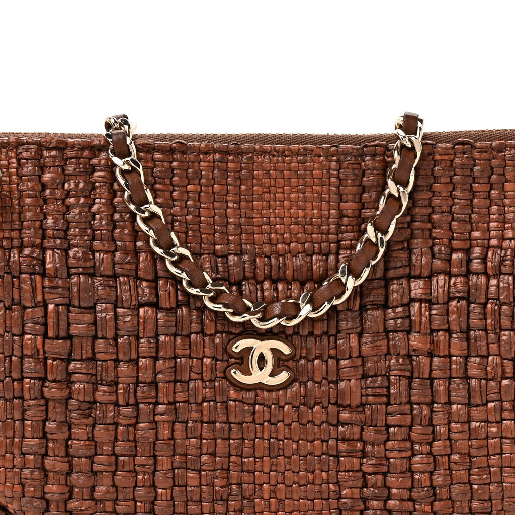 Braided Raffia Clutch With Chain Brown