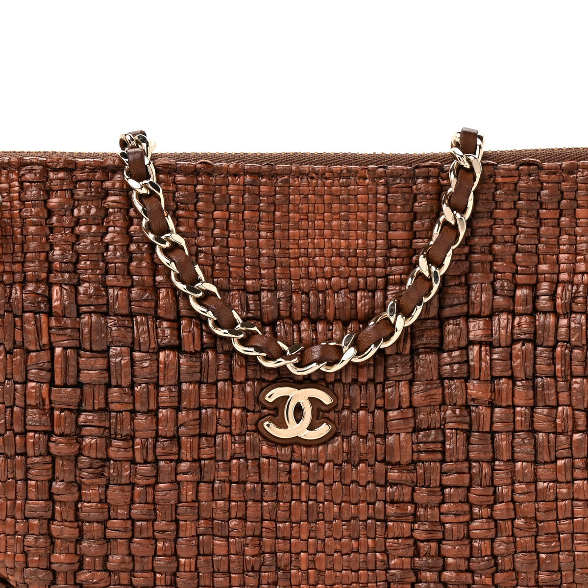 Braided Raffia Clutch With Chain Brown