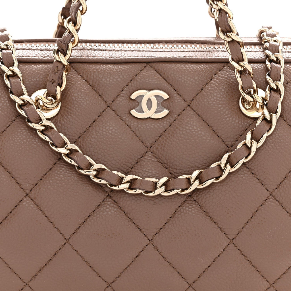Caviar Quilted Barrel Clutch With Chain Brown