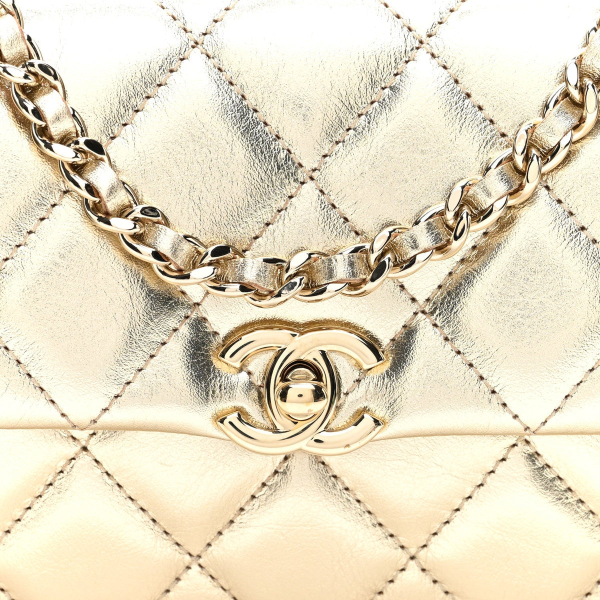 Metallic Lambskin Quilted Flap Phone Holder With Chain Gold