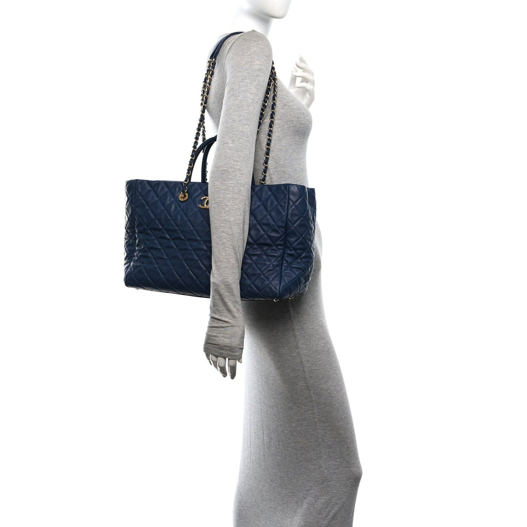 Caviar Quilted Large Coco Handle Shopping Tote Navy