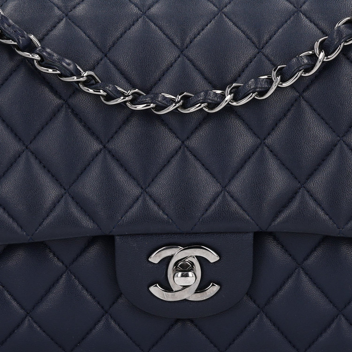 Lambskin Quilted Medium Double Flap Navy