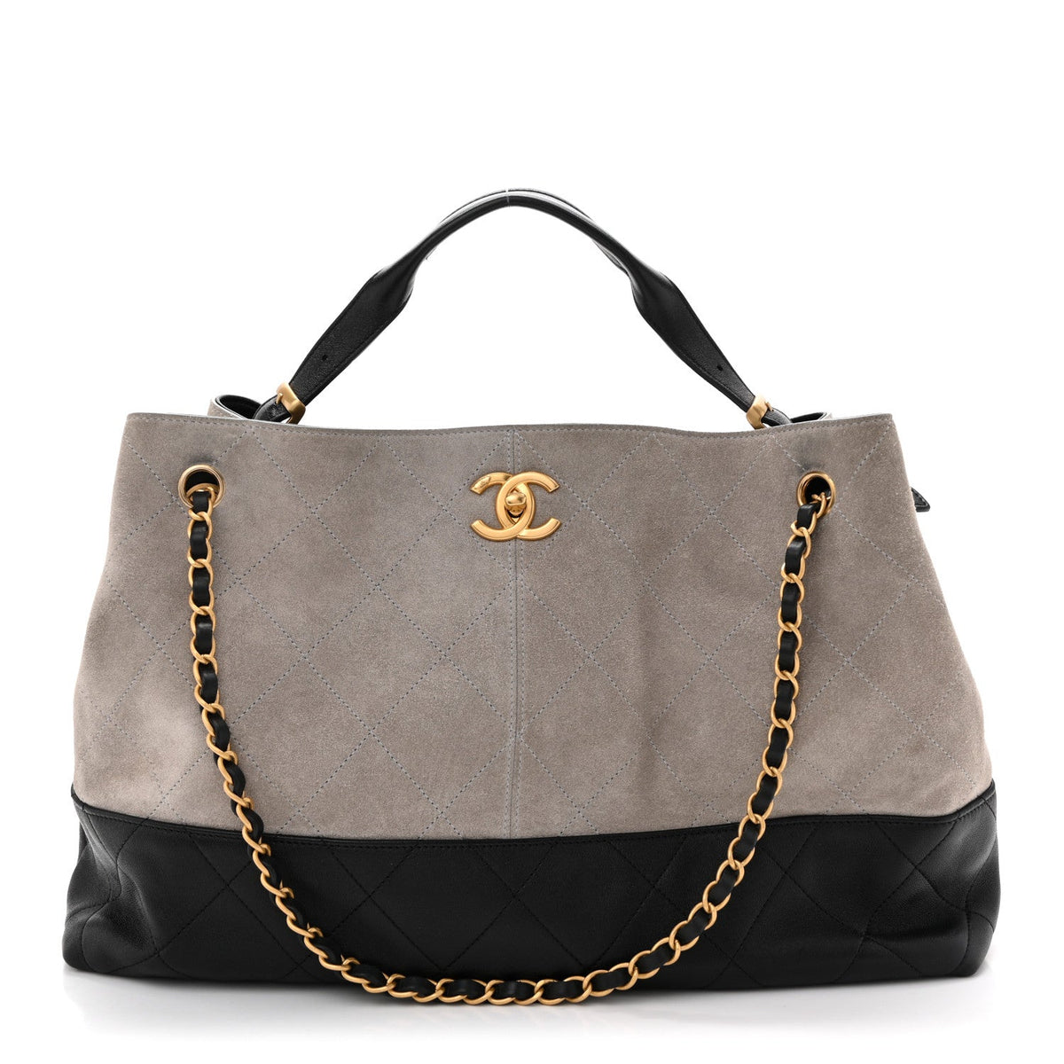 Suede Calfskin Shiny Lambskin Quilted Large Coco Base Shopping Bag Grey Black
