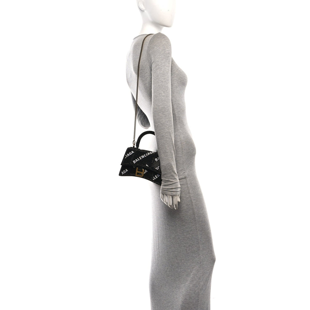 Strass Suede Allover Logo Hourglass Top Handle Bag XS with Chain Black White