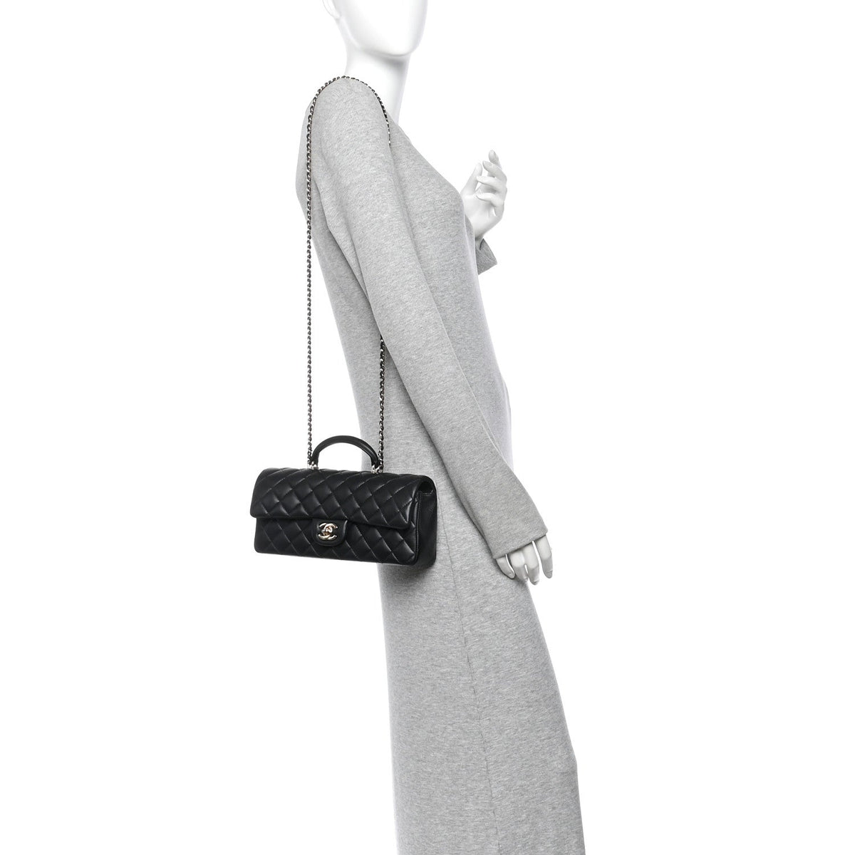 Lambskin Quilted Top Handle East West Flap Black