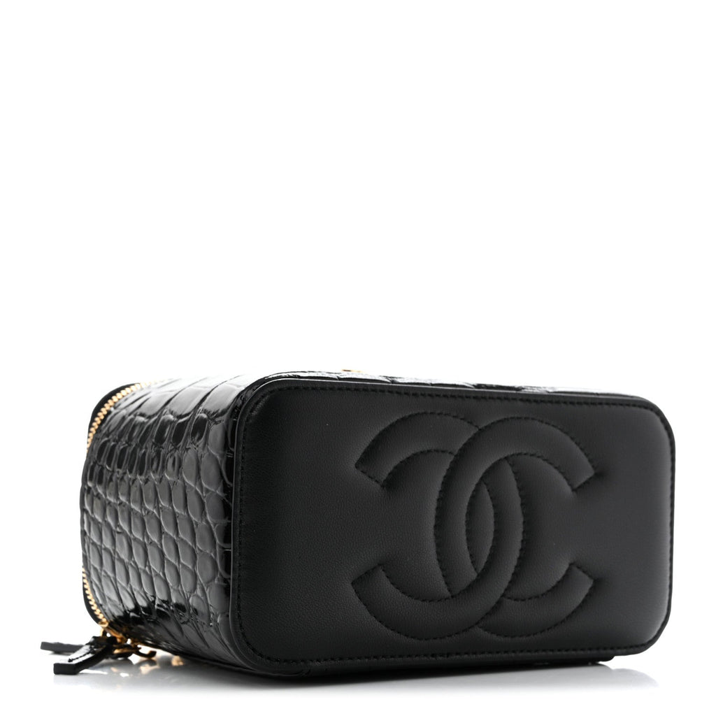 Calfskin Crocodile Embossed Crococo Small Top Handle Vanity Case With Chain Black