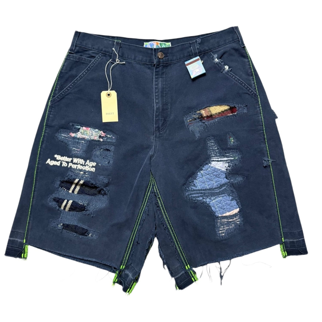 Better With Age Repair Double Wide Denim Shorts Navy Blue